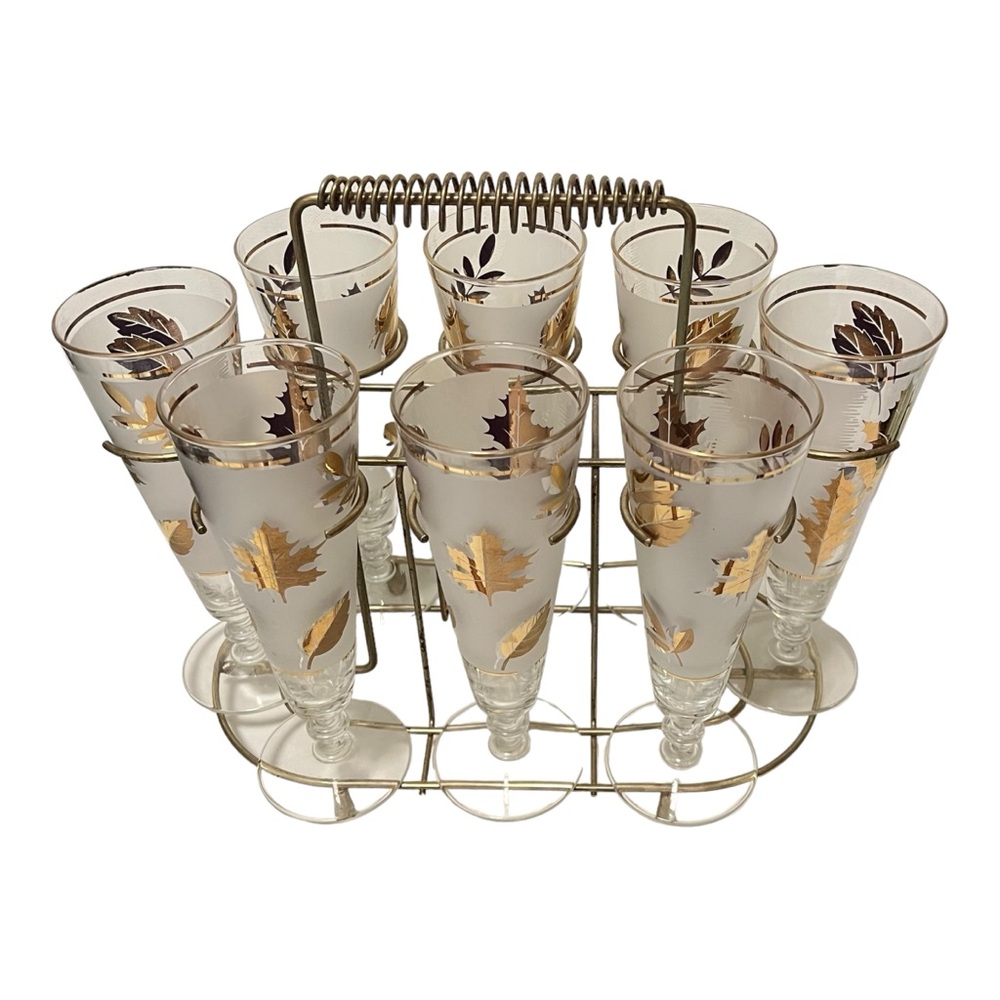 Libby Golden Leaf Pilsner Glasses and Caddy Set of Eight Golden Foliage VTG